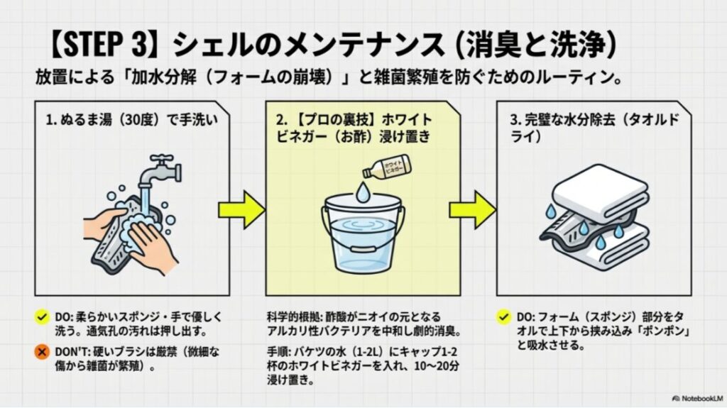 ぬるま湯での手洗い、お酢への浸け置き、タオルドライの手順を解説したイラスト。