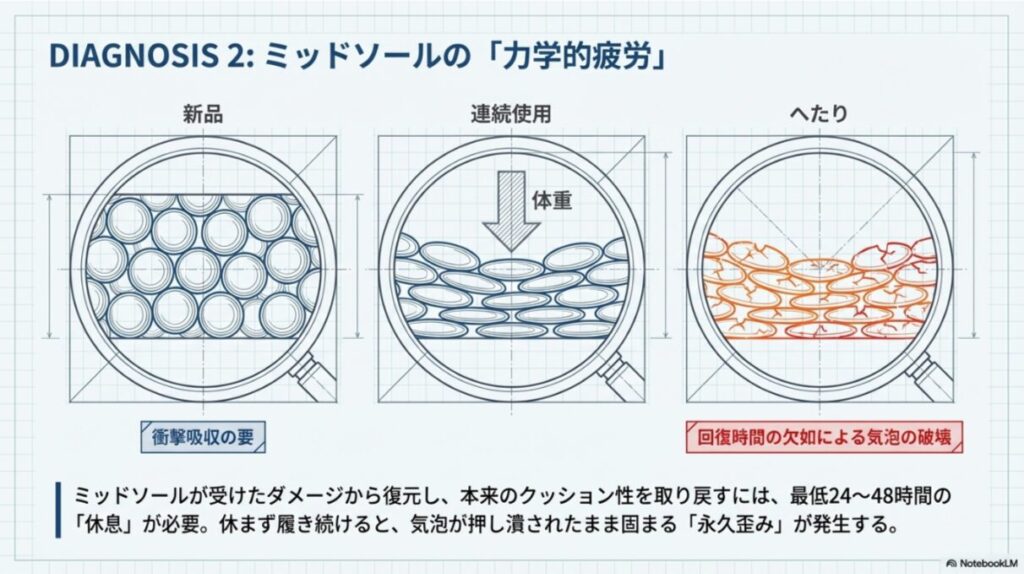 新品のミッドソールと、連続使用により体重で気泡が押し潰された「へたり（永久歪み）」の状態を比較した拡大図。