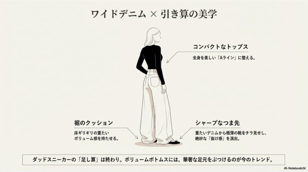 ボリュームのあるワイドデニムに、シャープなつま先のプーマを合わせることで生まれる「引き算の美学」とAラインシルエットの解説図。