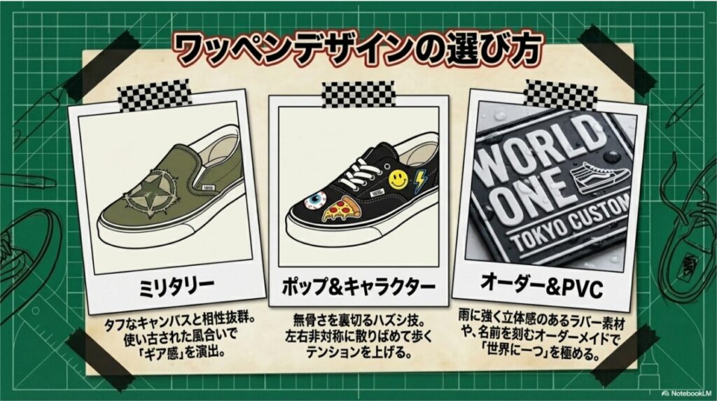 ミリタリー、ポップ&キャラクター、オーダー&PVC(ラバー素材)の3つのデザインカテゴリと、それぞれの特徴や相性を紹介するイメージ図。