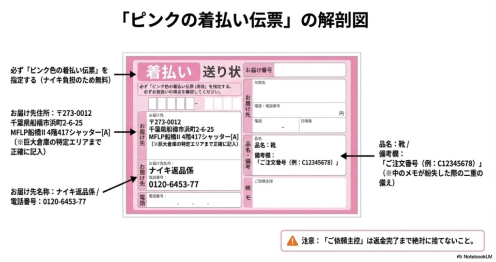ピンク色の佐川急便着払い伝票の書き方見本。千葉県船橋市の返送先住所、電話番号、品名欄への注文番号記入位置を詳しく図解。