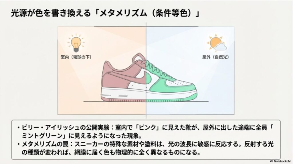 同じスニーカーが室内（電球の下）と屋外（自然光）で全く異なる色に見える現象の解説図。