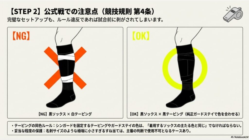 ソックスとテーピングの色を合わせる「OK例」と、色が異なる「NG例」を比較したイラスト。