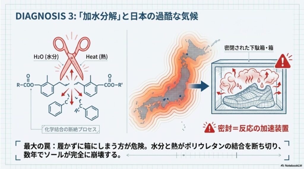水分と熱によってポリウレタンの化学結合が断絶するプロセスと、日本の高温多湿なマップ、密閉された下駄箱が劣化を加速させる様子を示した図解。