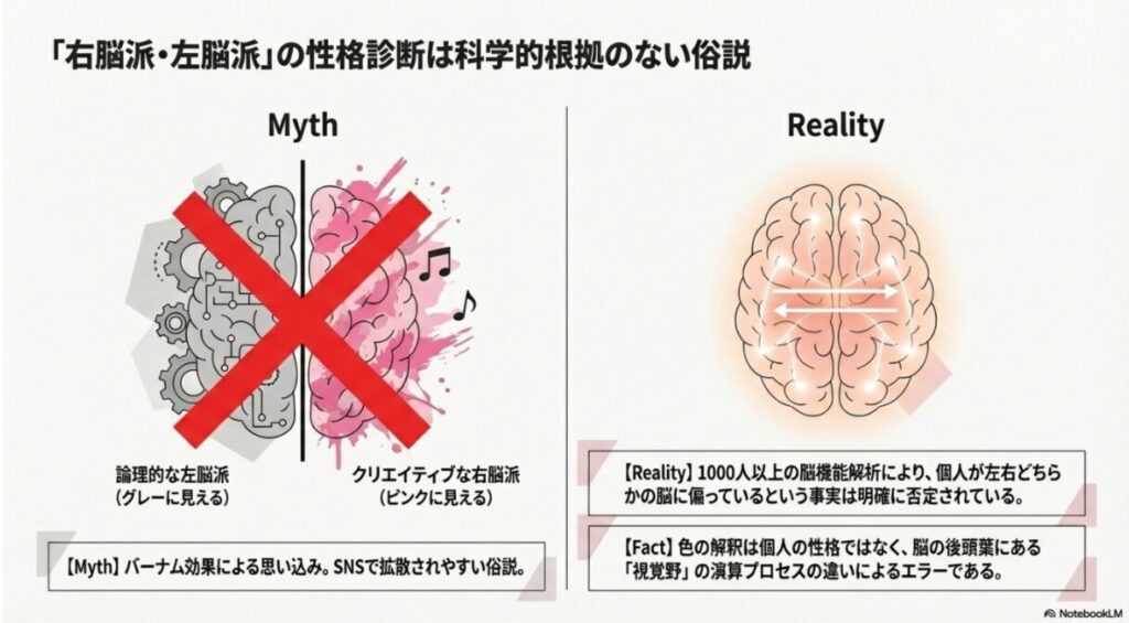 「右脳派・左脳派」の性格診断は科学的根拠のない俗説であることを示す、脳のイラストに大きな「×」印がついた図。