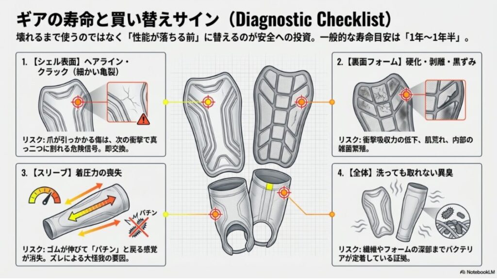シェル表面の細かい亀裂、裏面フォームの硬化、スリーブの着圧力喪失など、交換が必要な劣化状態の拡大写真。