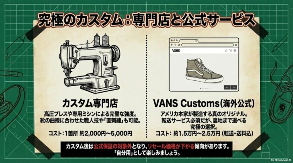 カスタム専門店の職人技と、海外VANS公式の「Customs」サービスの内容、それぞれのコスト目安(2千円〜2.5万円)を比較した図。