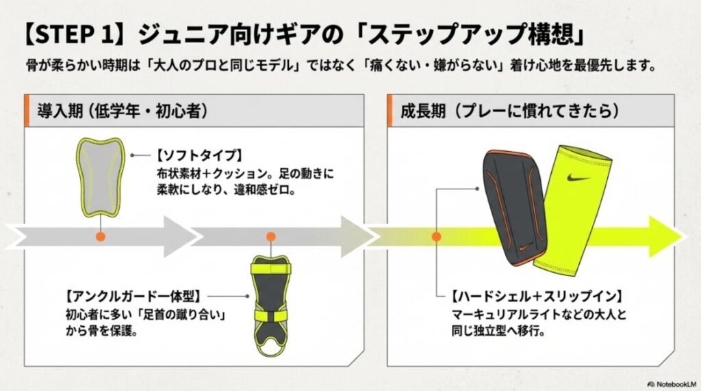 低学年向けのソフトタイプから、成長に合わせたアンクルガード付き、大人と同じ独立型（スリップイン）への移行プラン。