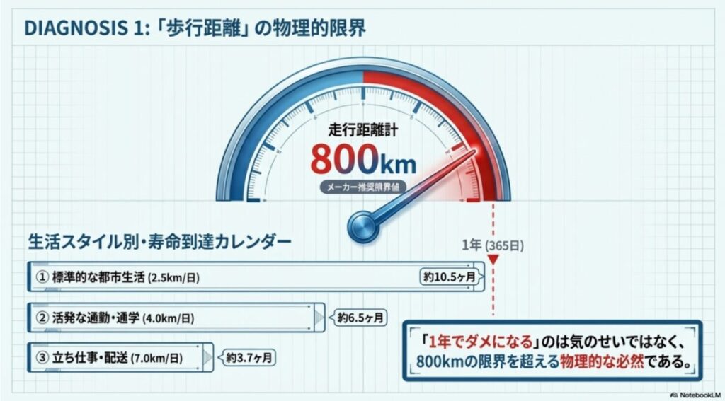 スニーカーのメーカー推奨限界値が800kmであることを示す走行距離計のイラスト。標準的な都市生活では約10.5ヶ月で寿命に達することを解説しています。
