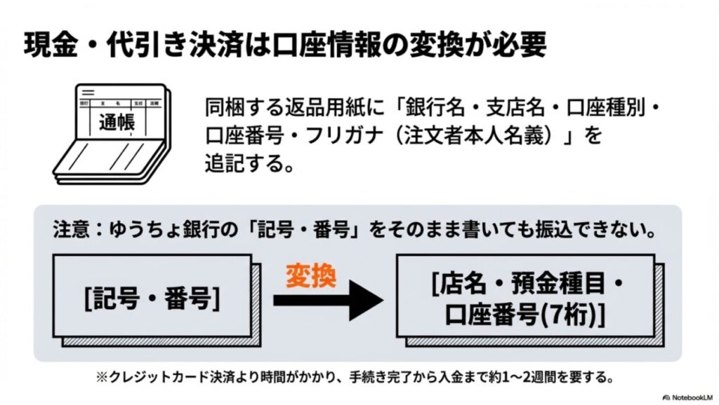 通帳のイラストと、ゆうちょ銀行の記号・番号を振込用の店名・口座番号に変換する必要があることを示す図解。