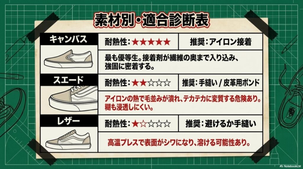 キャンバス、スエード、レザーの3素材について、耐熱性の有無と、アイロン接着や手縫いなどの推奨される加工方法をまとめた表。