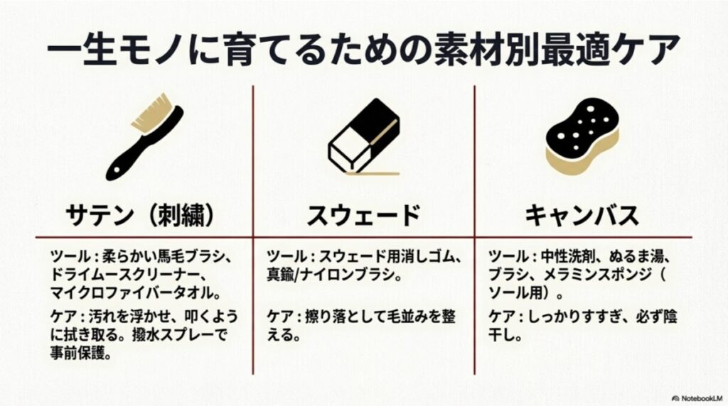 サテン、スウェード、キャンバスそれぞれの素材に適した清掃ツールとケア方法をまとめた一覧表。