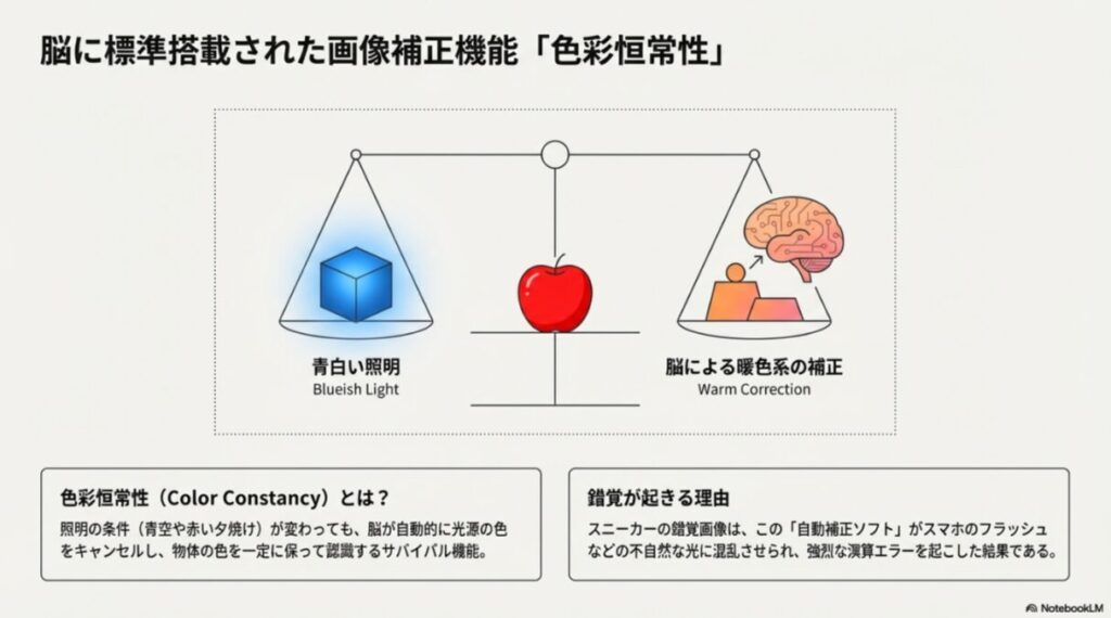 青白い照明による影響を、脳が暖色系で自動補正して物体の色を一定に保つ仕組みを天秤のイラストで表現した図。