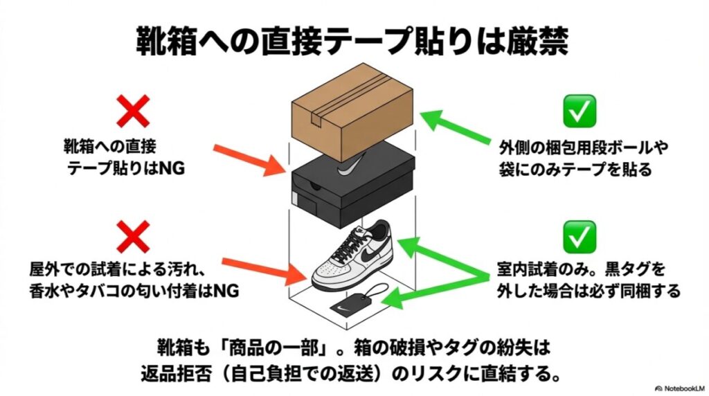 靴箱への直接テープ貼りや屋外試着、匂い付着がNGであることを示す図。室内試着のみとし、黒タグも同梱する必要があることを説明している。