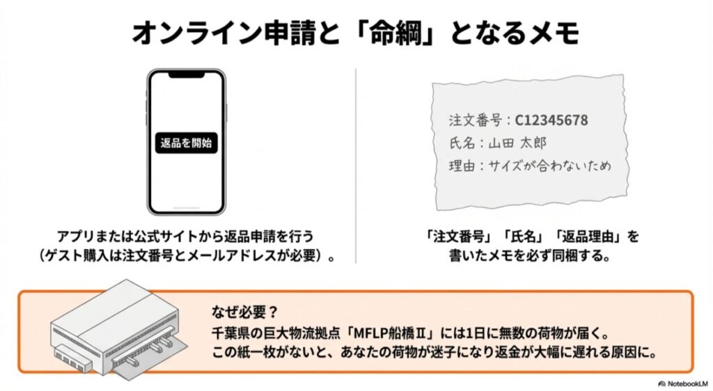 スマホアプリの「返品を開始」ボタンのイメージと、注文番号・氏名・理由を記入した同梱用メモの例、および物流拠点MFLP船橋Ⅱのイラスト。