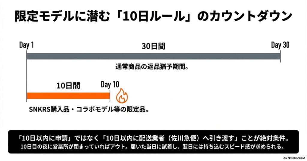 通常商品は30日間、SNKRS等の限定品は10日間という期限の違いをカレンダーで示した図。10日以内に配送業者へ引き渡す必要があることを強調。
