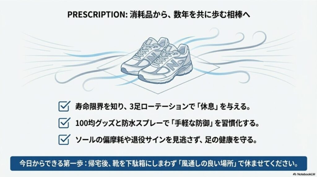 清潔なスニーカーに風が吹き抜ける爽やかなイラスト。ローテーションと習慣的なケアで、靴を消耗品から相棒へ変えるメッセージ。