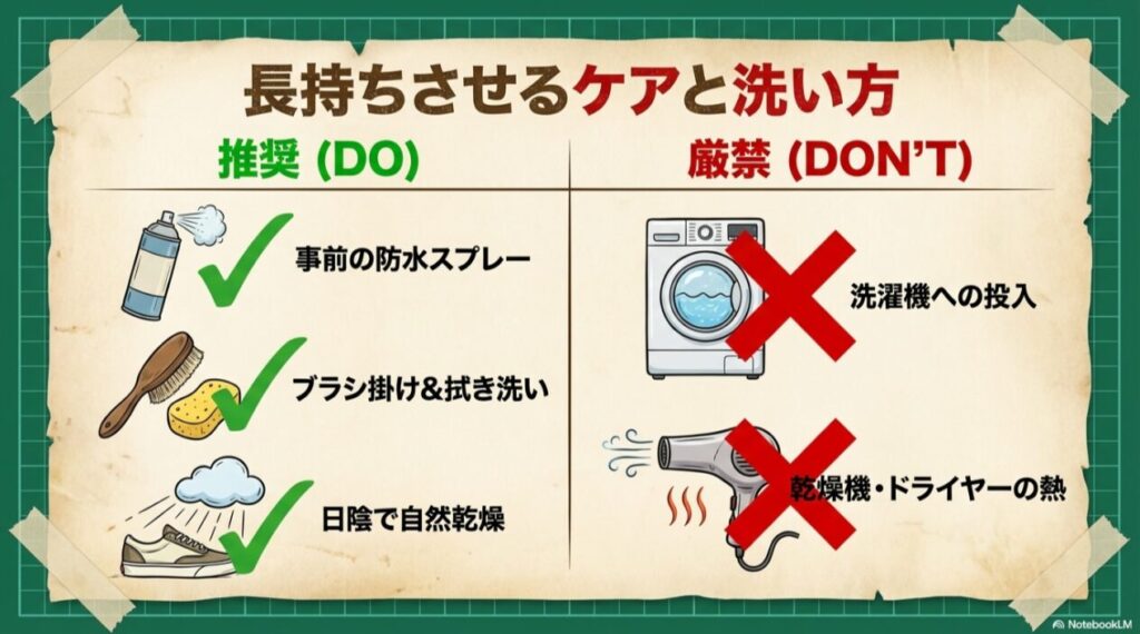 防水スプレーや日陰干しなどの推奨事項(DO)と、洗濯機や乾燥機の使用などの厳禁事項(DON'T)をまとめた表。