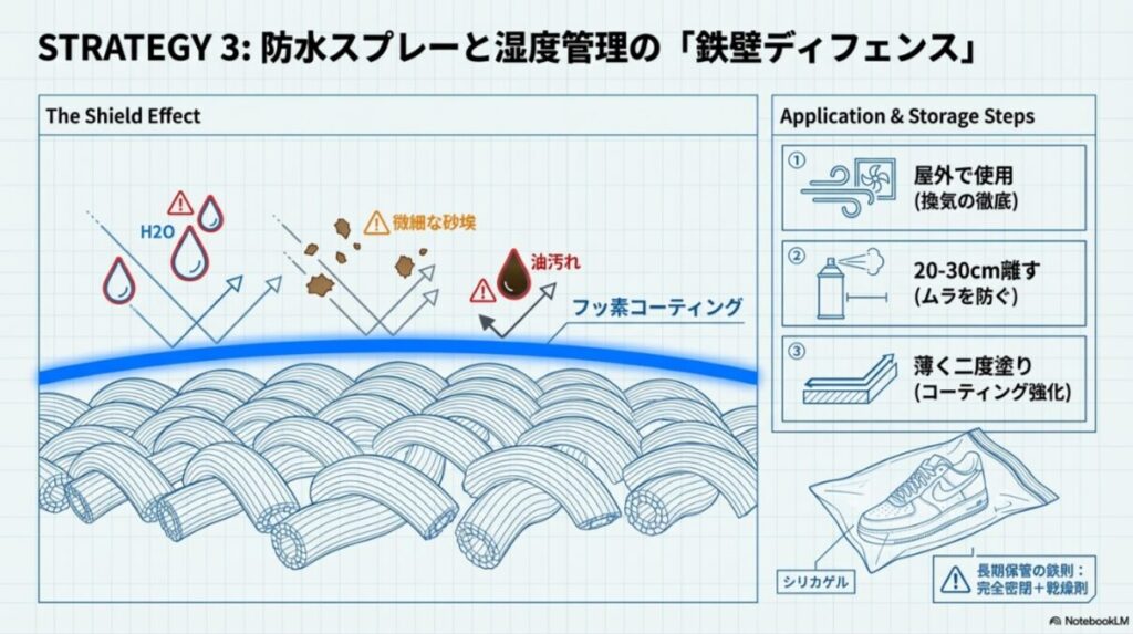 防水スプレーのコーティング効果の図解と、屋外での使用、20-30cm離しての二度塗り、シリカゲルによる完全密閉保管のステップ解説。