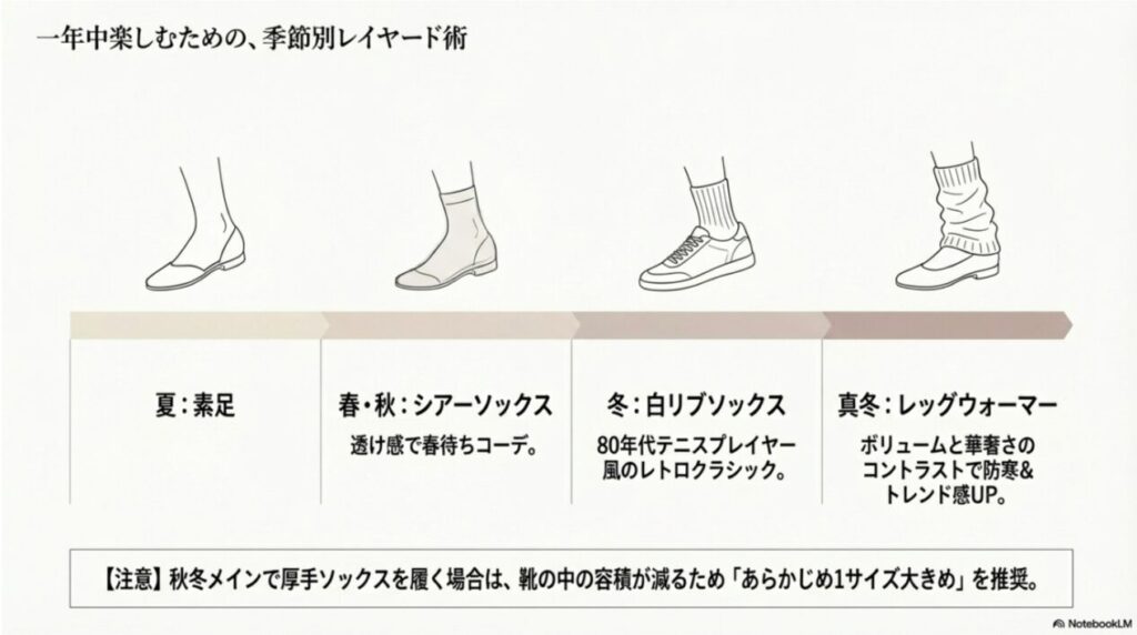 夏の素足から、春秋のシアーソックス、冬のリブソックス、真冬のレッグウォーマーまで、季節ごとの足元の楽しみ方を描いた4コマ図解。
