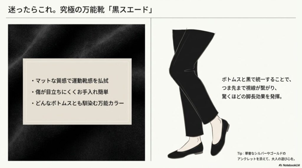 黒のスエードバレエシューズと黒のパンツを合わせることで、視線がつま先まで繋がり脚が長く見える効果を解説したイラスト。