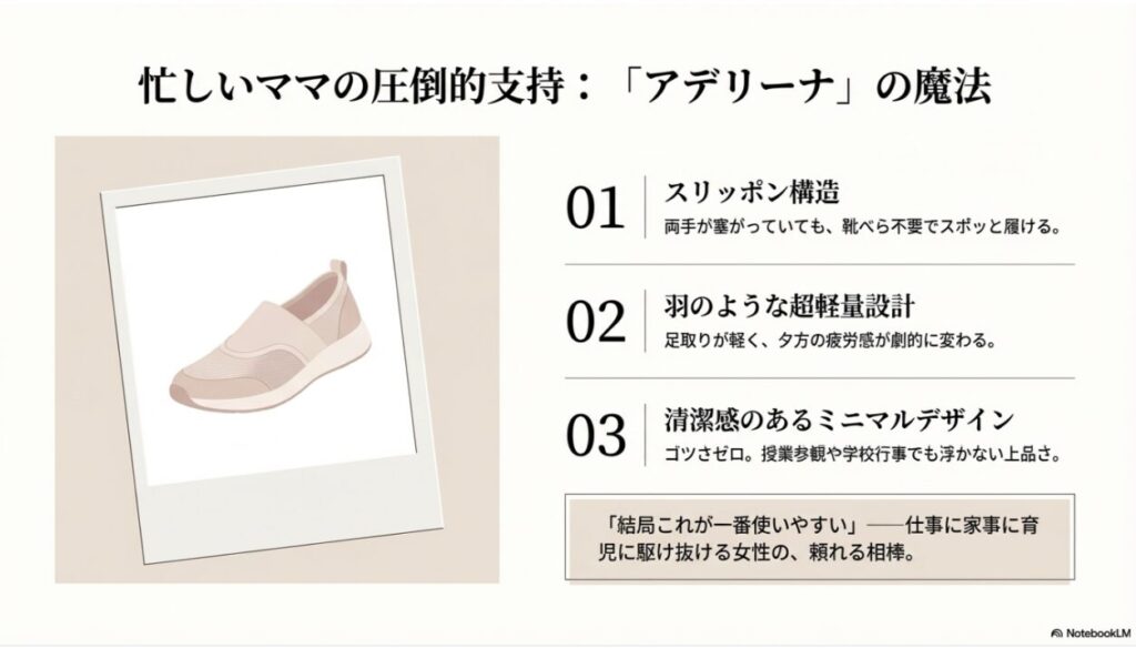 手を使わず履けるスリッポン構造、超軽量設計、学校行事でも浮かないミニマルデザインの3点を解説したアデリーナ専用の紹介スライド。