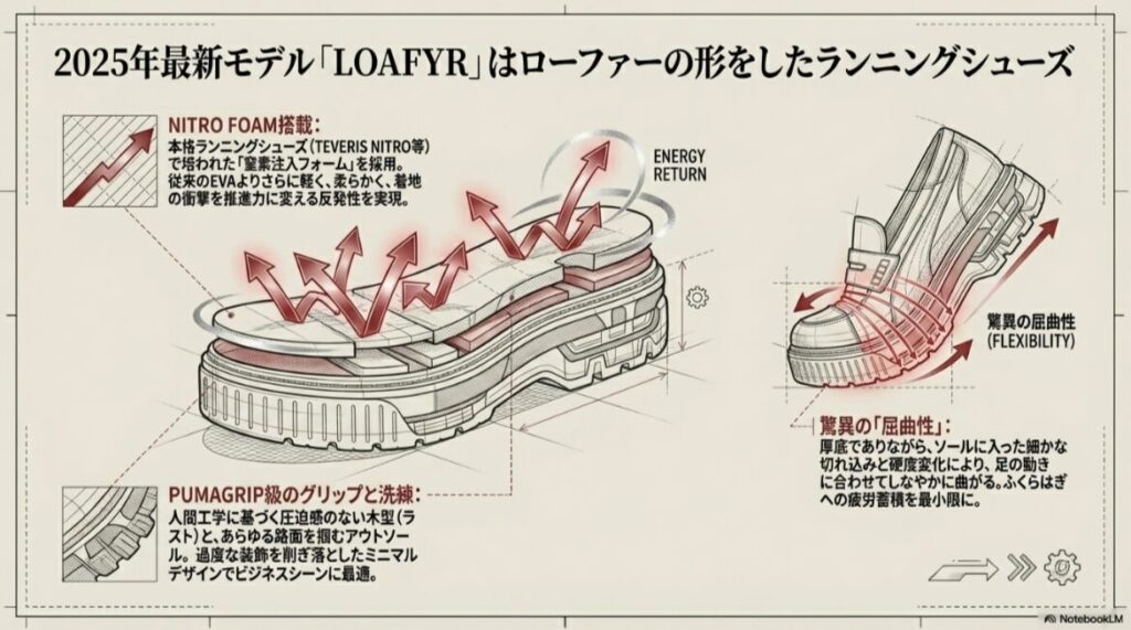 LOAFYRのソールがしなやかに曲がっている様子を描いたイラスト。厚底でありながら細かな切れ込みによって足の動きに追従する屈曲性と、窒素注入フォーム「NITRO FOAM」による高い反発性を説明している。