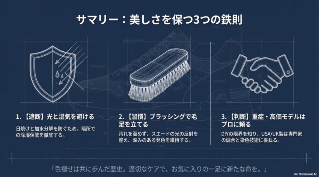  1.遮断（光と湿気）、2.習慣（ブラッシング）、3.判断（プロを頼る）という、スニーカーの美しさを維持するための重要ポイントをまとめたアイコン付きのスライド。 