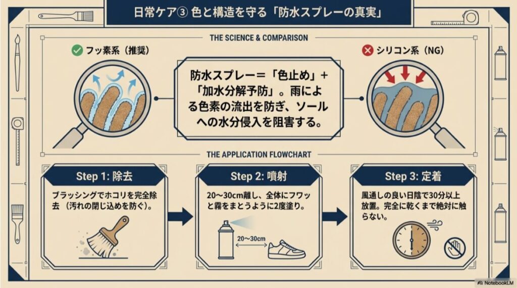 Step1：ブラッシング除去、Step2：20〜30cm離して噴射、Step3：30分以上の定着、という正しい防水スプレーの手順を示したアイコン付きのフローチャート。