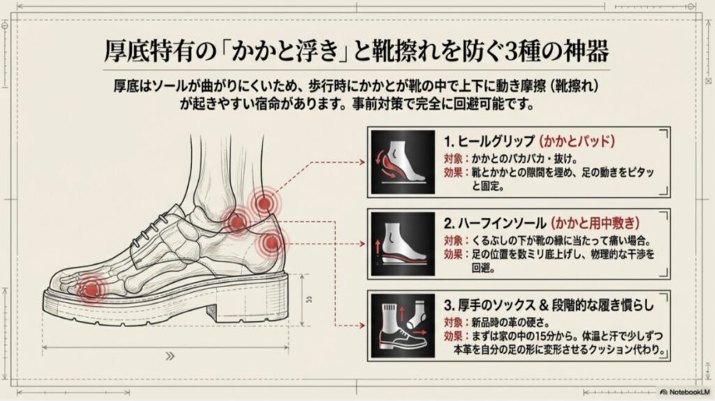 足の骨格図に合わせた対策アイテムの解説。かかとの隙間を埋めるヒールグリップ、くるぶしの干渉を防ぐハーフインソール、厚手のソックスでの履き慣らしの3ステップを紹介している。