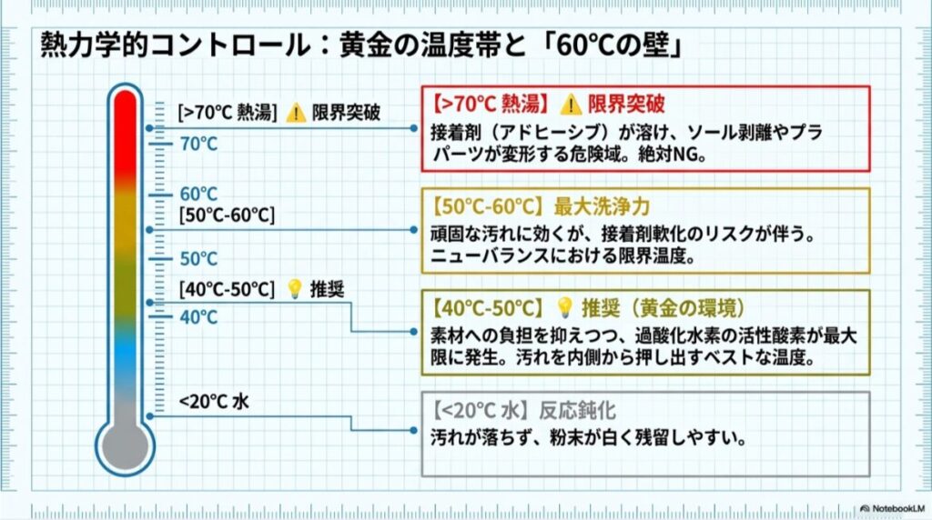 40℃〜50℃を推奨とし、70℃以上の熱湯はソール剥離の危険があることを示す温度計のグラフ。