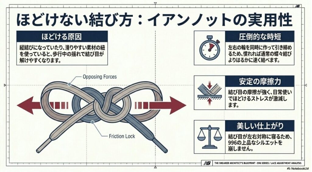 ニューバランス996の靴紐がほどける原因と、イアンノットで結び目を安定させる仕組み