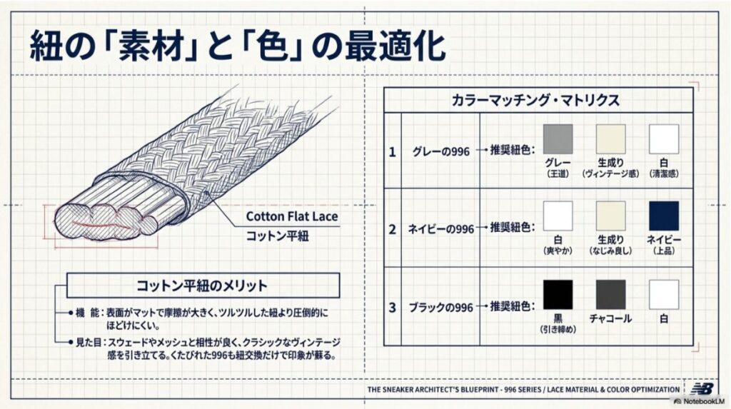 グレー、ネイビー、ブラックのニューバランス996に合うコットン平紐の素材と色を比較した図解