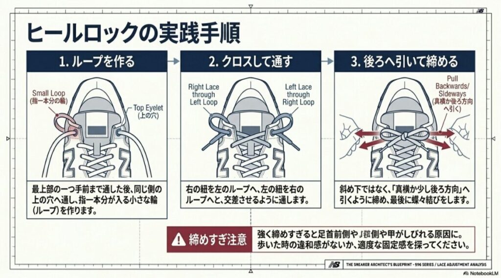 ニューバランス996でループを作り、左右の紐をクロスして締めるヒールロックの手順