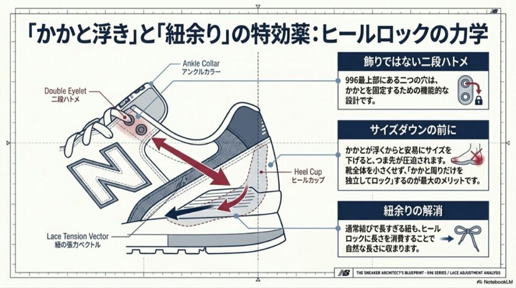 ニューバランス996の二段ハトメを使い、かかと浮きと靴紐の余りを軽減するヒールロックの仕組み