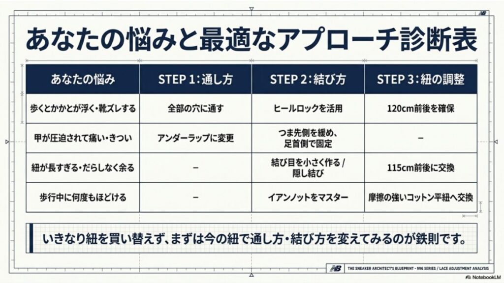 かかと浮き、甲の圧迫、靴紐の余り、ほどける悩み別に996の靴紐調整方法を整理した診断表
