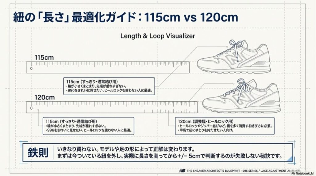 ニューバランス996の靴紐を115cmと120cmで比較し、通常結びとヒールロックでの使い分けを示した図