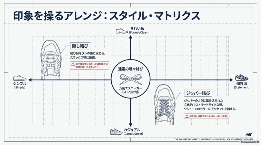 隠し結び、通常の蝶々結び、ジッパー結びを印象別に比較したニューバランス996の靴紐アレンジ図