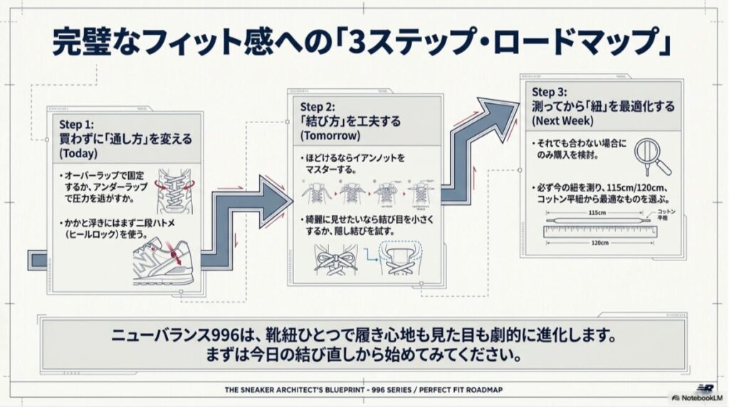 ニューバランス996の靴紐を通し方、結び方、長さ調整の3ステップで見直すロードマップ