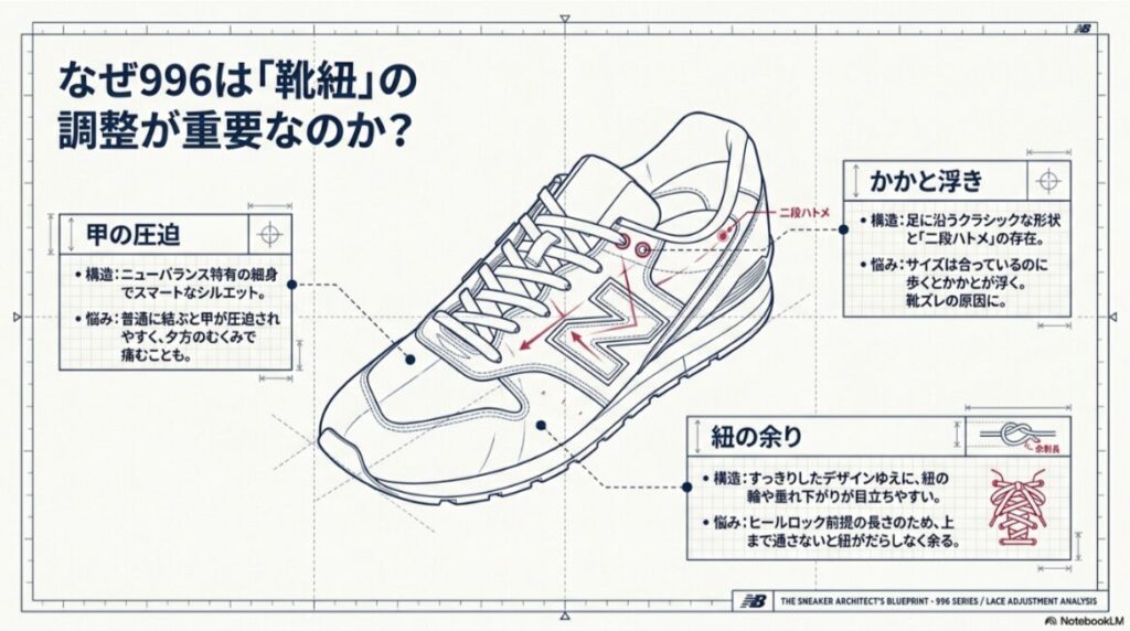 ニューバランス996で甲の圧迫、かかと浮き、靴紐の余りが起こる理由を図解したスライド