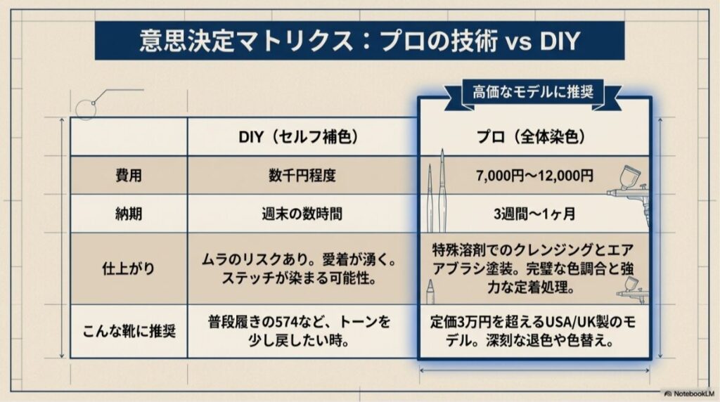 費用、納期、仕上がりのリスク、推奨されるモデル（574等の普段履き vs USA/UK製高価モデル）を基準に、DIYとプロの修理を比較したマトリクス表。