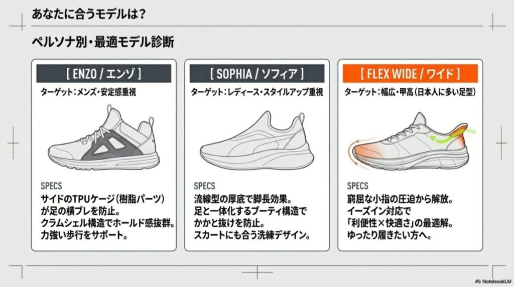 メンズ向けの安定感重視モデルENZO、レディース向けのスタイルアップモデルSOPHIA、幅広・甲高向けのFLEX WIDEの3モデルのスペック比較。