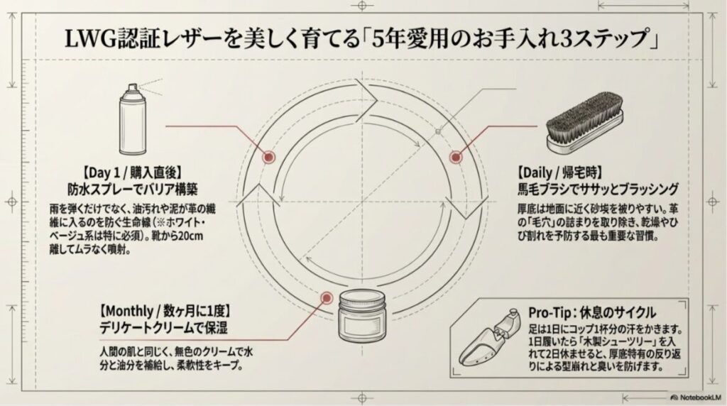 購入直後の防水スプレー、帰宅時のブラッシング、数ヶ月に一度の保湿クリームによるお手入れ手順のまとめ。1日履いたら2日休ませる休息サイクルの重要性も記載されている。