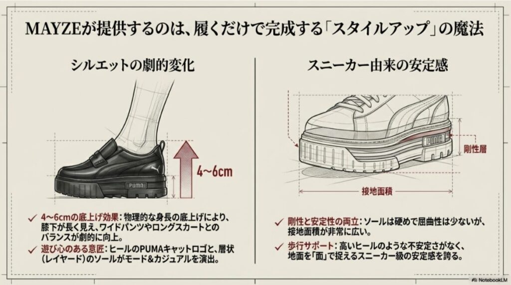 MAYZEを履いた足元のイラスト。4〜6cmの厚底による脚長効果を赤い矢印で示し、接地面が広く安定感があるスニーカー由来のソール構造を解説している。