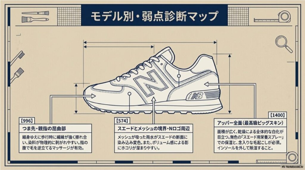 996の屈曲部、574のメッシュ境界、1400の全面ピッグスキンなど、モデルごとの色落ちしやすい箇所とケアのポイントを書き込んだスニーカーの図解。