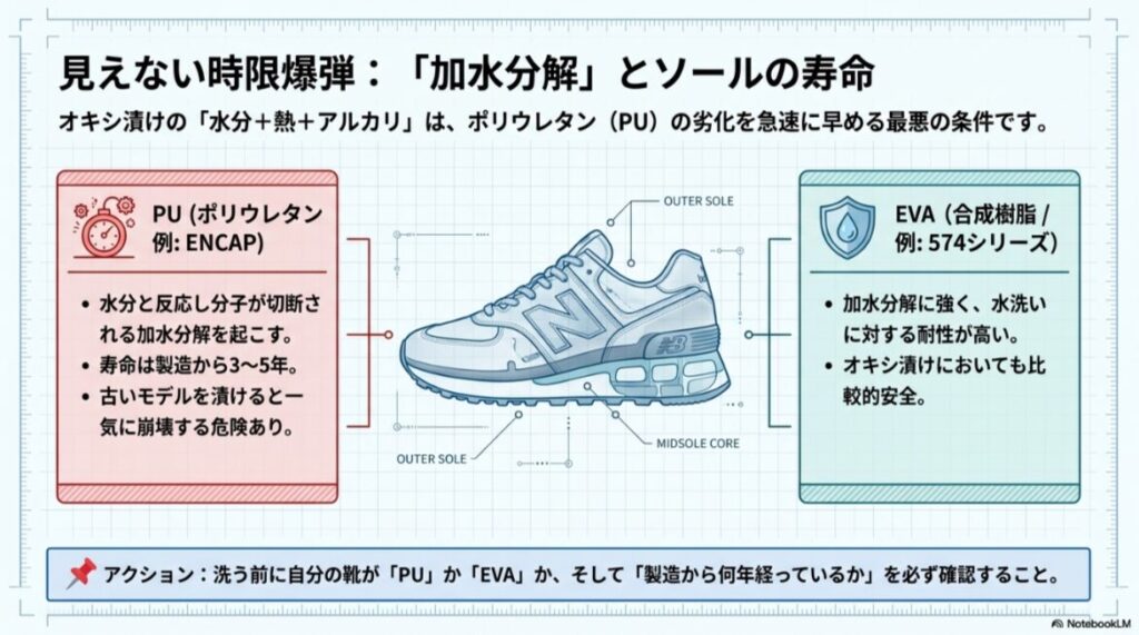 ニューバランスのソール構造図。加水分解しやすいPU素材と、水洗いに強いEVA素材の違いを解説。