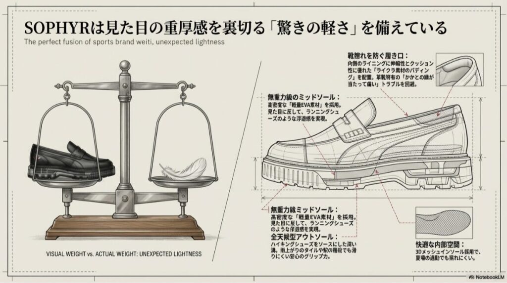 SOPHYRの内部構造図。高密度な軽量EVA素材のミッドソール、靴擦れを防ぐライクラ素材のパディング、全天候型アウトソール、3Dメッシュインソールの特徴が解説されている。天秤で羽と靴を比較し、見た目の重厚感に反する軽さを強調している。