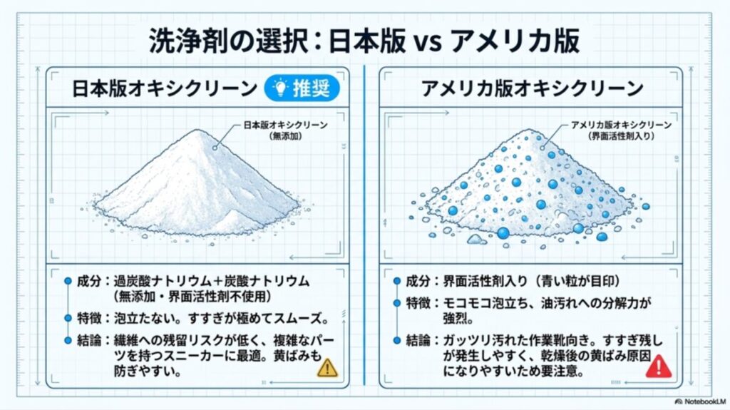 無添加の日本版と界面活性剤入りのアメリカ版オキシクリーンの成分と特徴を比較したイラスト。