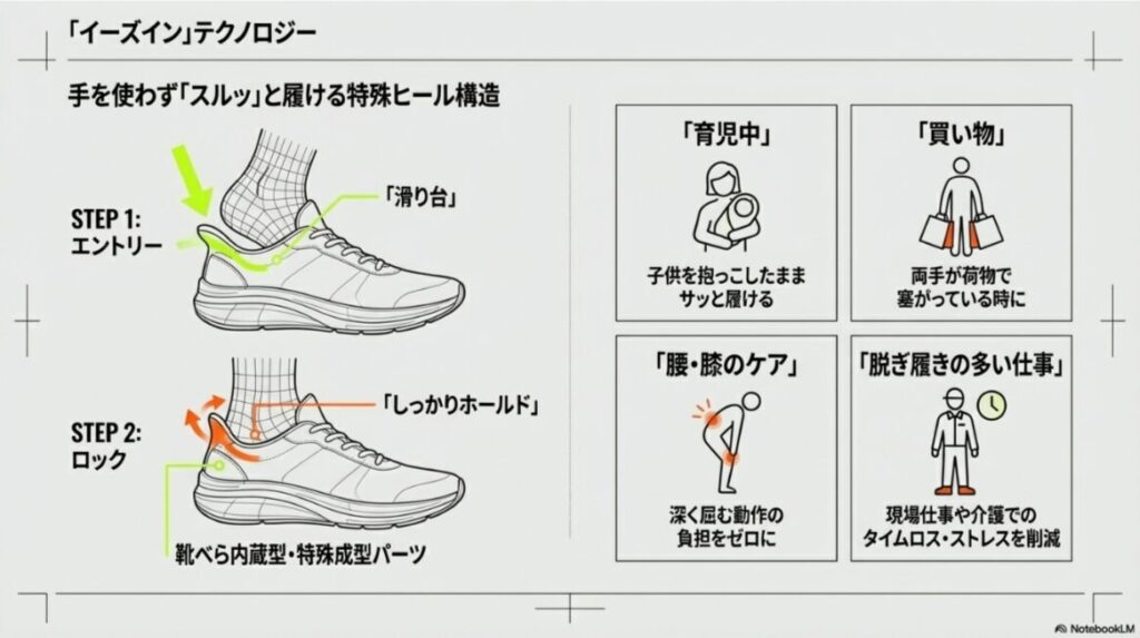 特殊なヒール構造で靴べらを使わずに履ける仕組みと、育児、買い物、仕事、腰痛ケアなどの利用シーンのイラスト。