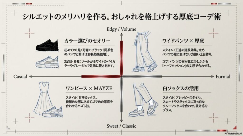 4象限のマトリックス図で、カジュアル・フォーマル・エッジィ・クラシックの各方向に合わせたコーデ例。ワイドパンツ、ワンピース、白ソックスの活用法やカラー選びのセオリーを解説している。